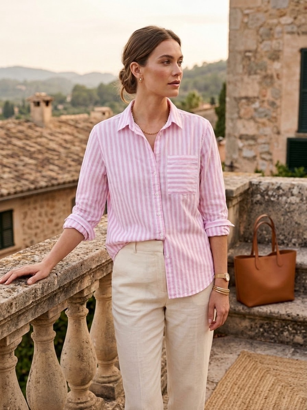 LOLA RIVER Pink White Stripe Button Down Shirt S Preppy Clean Girl Elevated